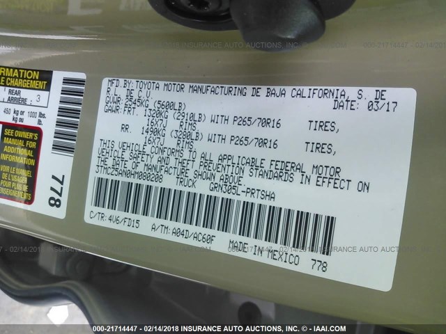 3TMCZ5AN0HM080208 - 2017 TOYOTA TACOMA DBL CAB/SR/TRDSPT/OR/PRO ოქროსფერი ფოტო 9