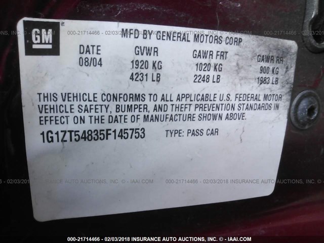 1G1ZT54835F145753 - 2005 CHEVROLET MALIBU LS 红色 照片 9