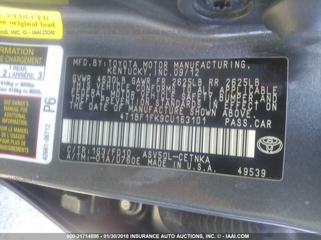 4T1BF1FK9CU163101 - 2012 TOYOTA CAMRY SE/LE/XLE GRAY photo 9