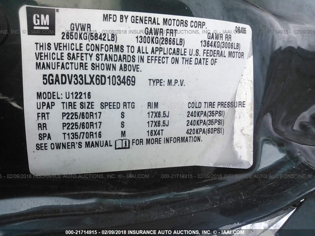 5GADV33LX6D103469 - 2006 BUICK TERRAZA CXL GREEN photo 9