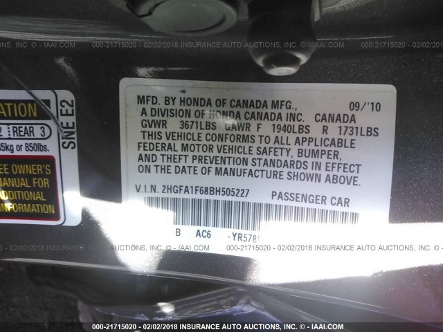 2HGFA1F68BH505227 - 2011 HONDA CIVIC LX-S GRAY photo 9