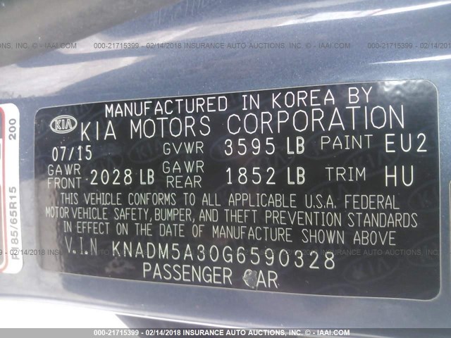 KNADM5A30G6590328 - 2016 KIA RIO LX Կապույտ լուսանկար 9