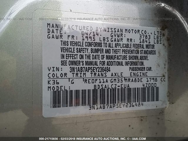 3N1AB7AP5EY236484 - 2014 NISSAN SENTRA S/SV/SR/SL SILVER photo 9