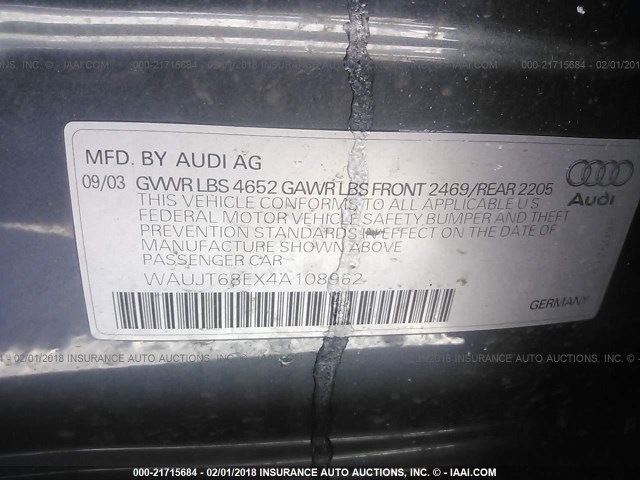 WAUJT68EX4A108962 - 2004 AUDI A4 3.0 GRAY photo 9