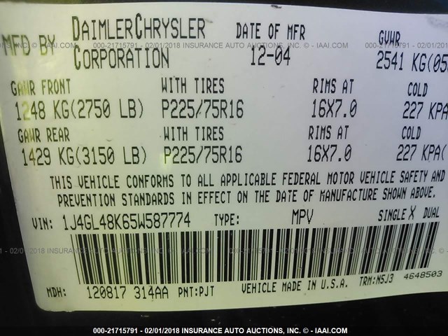 1J4GL48K65W587774 - 2005 JEEP LIBERTY SPORT Qara foto 9