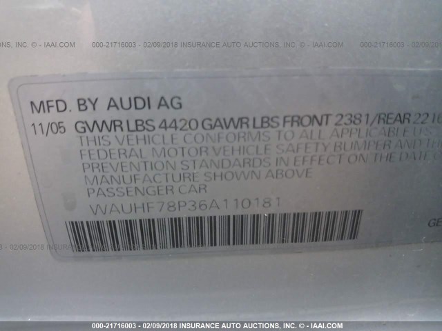 WAUHF78P36A110181 - 2006 AUDI A3 2 SILVER photo 9