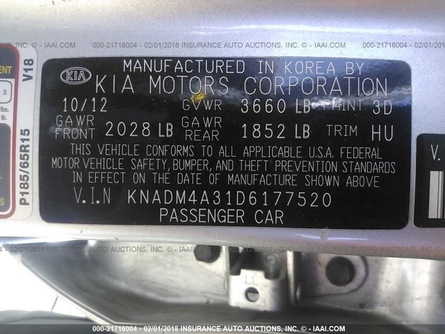 KNADM4A31D6177520 - 2013 KIA RIO LX SILVER photo 9