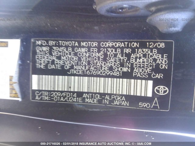 JTKDE167690299481 - 2009 TOYOTA SCION TC შავი ფოტო 9