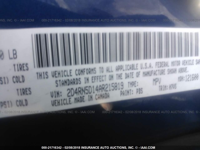 2D4RN5D14AR215819 - 2010 DODGE GRAND CARAVAN SXT BLUE photo 9