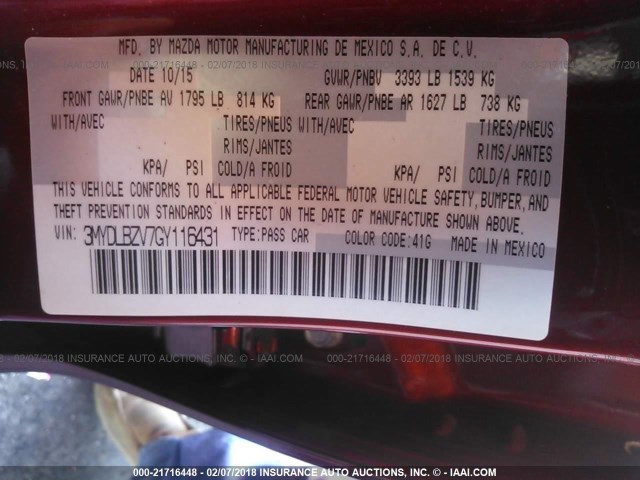 3MYDLBZV7GY116431 - 2016 TOYOTA SCION IA RED photo 9