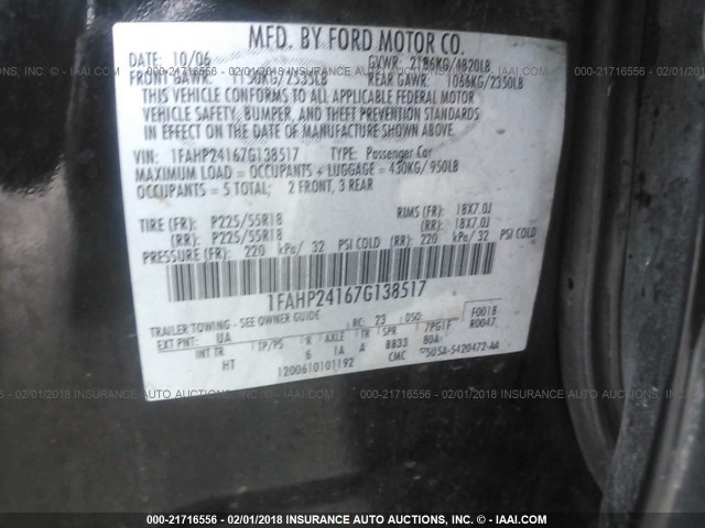 1FAHP24167G138517 - 2007 FORD FIVE HUNDRED SEL BLACK photo 9