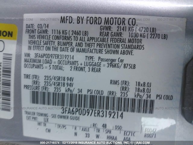 3FA6P0D97ER319214 - 2014 FORD FUSION TITANIUM SILVER photo 9