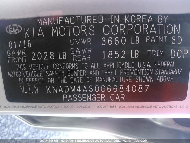 KNADM4A30G6684087 - 2016 KIA RIO LX Շագանակագույն լուսանկար 9