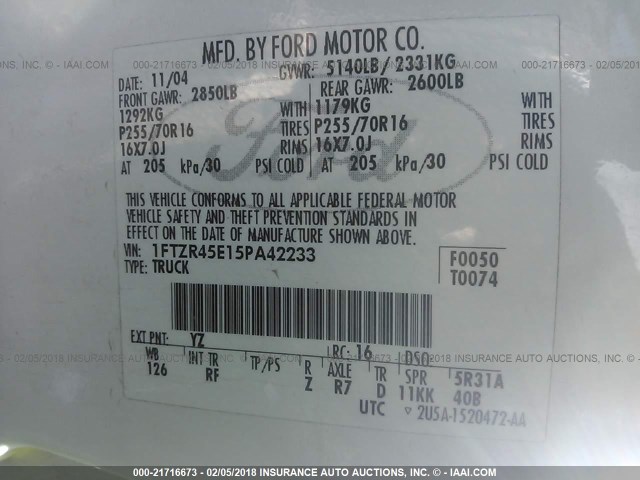 1FTZR45E15PA42233 - 2005 FORD RANGER SUPER CAB WHITE photo 9