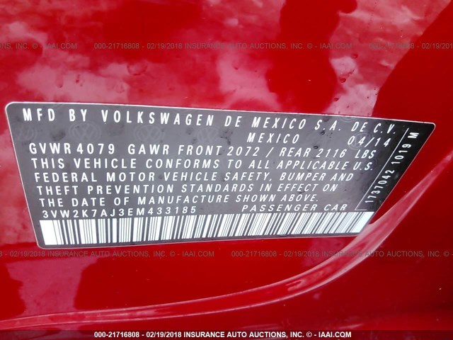 3VW2K7AJ3EM433185 - 2014 VOLKSWAGEN JETTA S 红色 照片 9