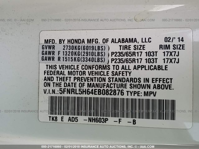 5FNRL5H64EB082876 - 2014 HONDA ODYSSEY EXL თეთრი ფოტო 9