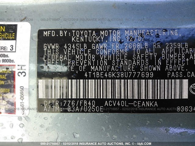 4T1BE46K38U777699 - 2008 TOYOTA CAMRY CE/LE/XLE/SE GREEN photo 9