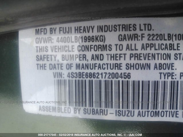 4S3BE686217200456 - 2001 SUBARU LEGACY OUTBACK LIMITED GREEN photo 9