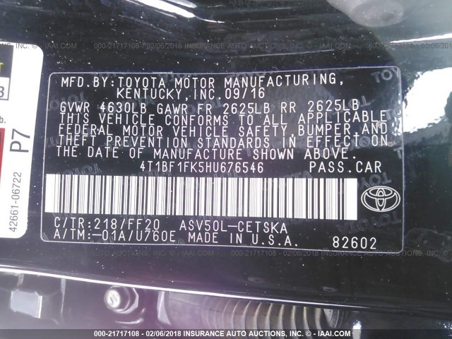 4T1BF1FK5HU676546 - 2017 TOYOTA CAMRY LE/XLE/SE/XSE BLACK photo 9