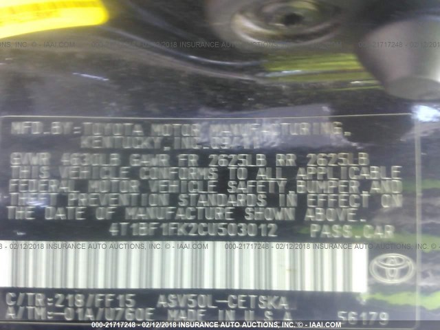 4T1BF1FK2CU503012 - 2012 TOYOTA CAMRY SE/LE/XLE Қара фото 9