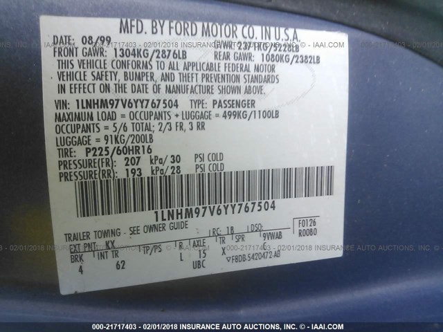 1LNHM97V6YY767504 - 2000 LINCOLN CONTINENTAL  Niebieski zdjęcie 9