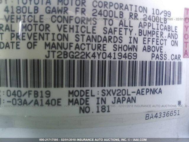 JT2BG22K4Y0419469 - 2000 TOYOTA CAMRY CE/LE/XLE WHITE photo 9
