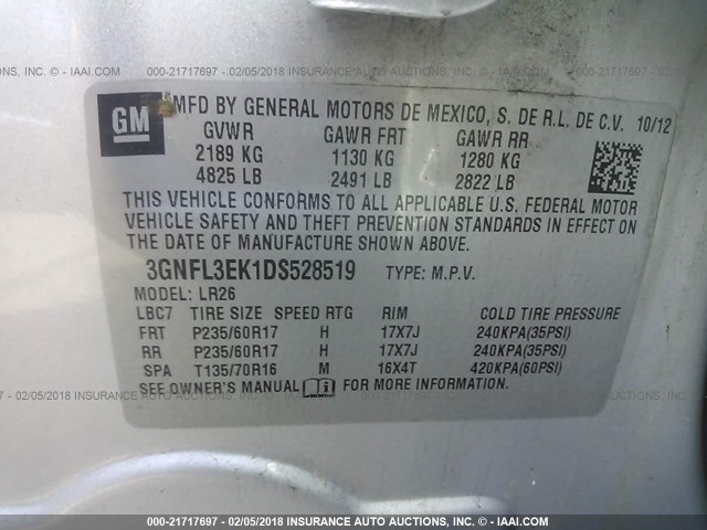 3GNFL3EK1DS528519 - 2013 CHEVROLET CAPTIVA LT SILVER photo 9