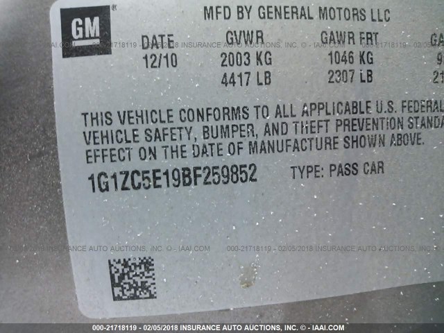 1G1ZC5E19BF259852 - 2011 CHEVROLET MALIBU 1LT ყავისფერი ფოტო 9
