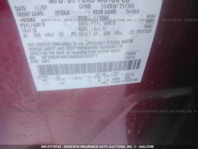 2FMDK49C68BA32571 - 2008 FORD EDGE LIMITED RED photo 9