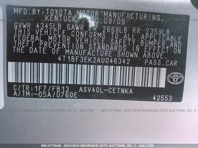 4T1BF3EK2AU046342 - 2010 TOYOTA CAMRY SE/LE/XLE SILVER photo 9