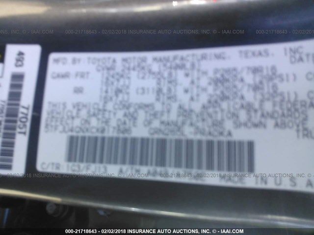 5TFJU4GNXCX017806 - 2012 TOYOTA TACOMA DOUBLE CAB PRERUNNER GRAY photo 9