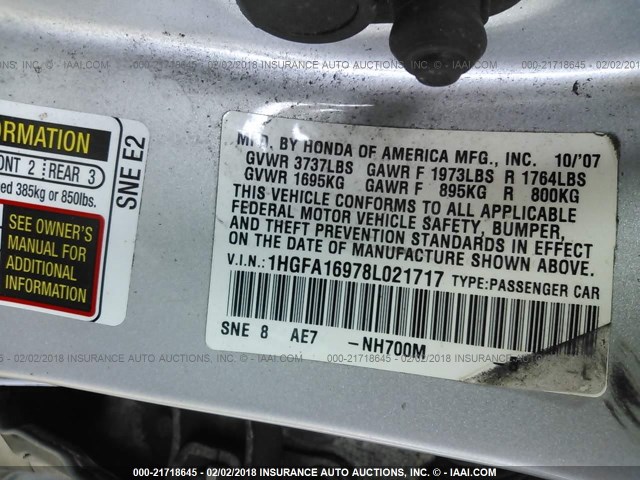 1HGFA16978L021717 - 2008 HONDA CIVIC EXL SILVER photo 9