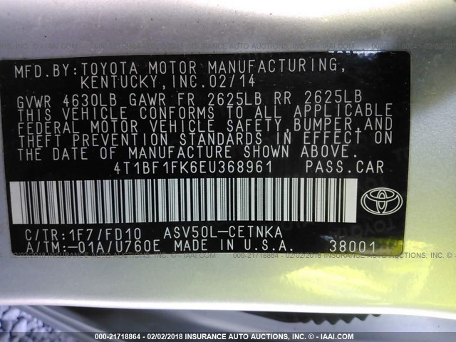 4T1BF1FK6EU368961 - 2014 TOYOTA CAMRY L/SE/LE/XLE 银色 照片 9