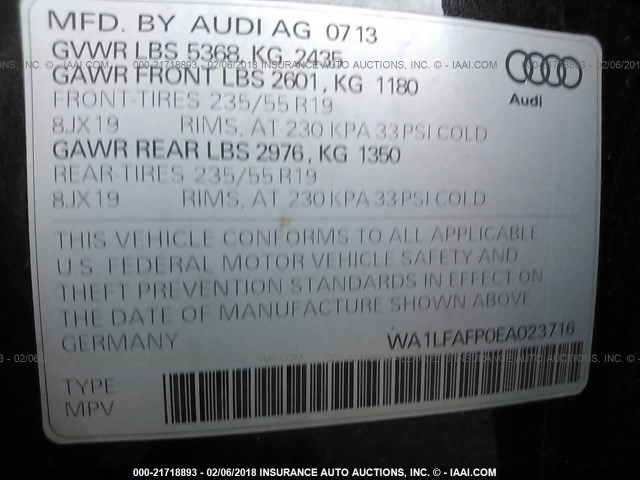 WA1LFAFP0EA023716 - 2014 AUDI Q5 PREMIUM PLUS BLACK photo 9