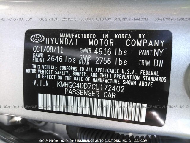 KMHGC4DD7CU172402 - 2012 HYUNDAI GENESIS 3.8L SILVER photo 9