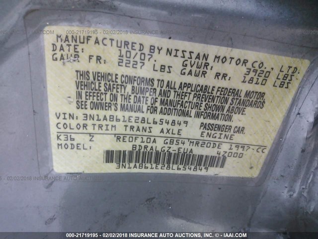 3N1AB61E28L654849 - 2008 NISSAN SENTRA 2.0/2.0S/2.0SL SILVER photo 9