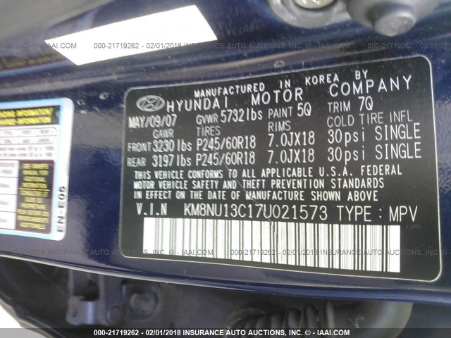 KM8NU13C17U021573 - 2007 HYUNDAI VERACRUZ GLS/SE/LIMITED BLUE photo 9