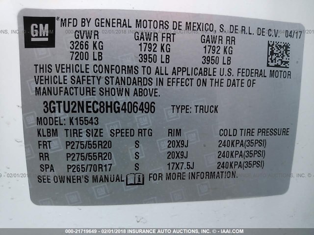 3GTU2NEC8HG406496 - 2017 GMC SIERRA K1500 SLT WHITE photo 9