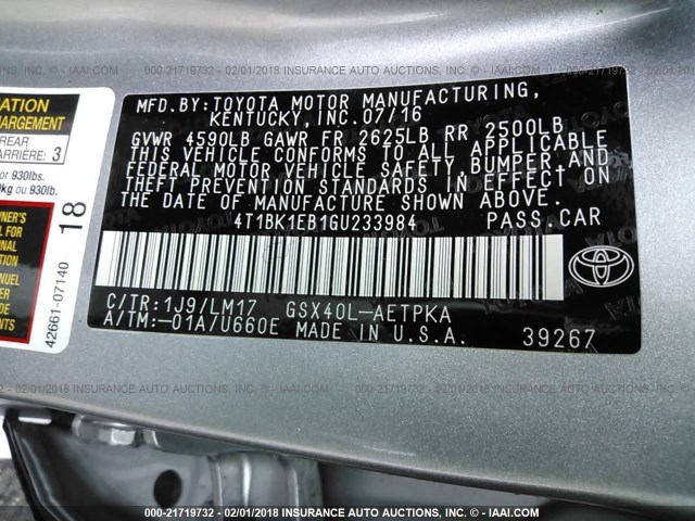 4T1BK1EB1GU233984 - 2016 TOYOTA AVALON XLE PLUS/PREMIUM/TOUR/LTD SILVER photo 9