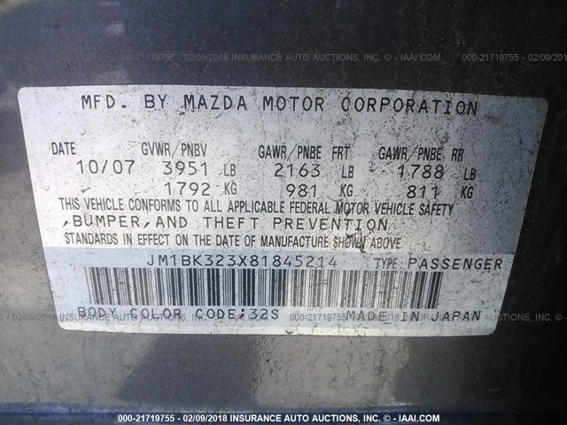 JM1BK323X81845214 - 2008 MAZDA 3 S GRAY photo 9