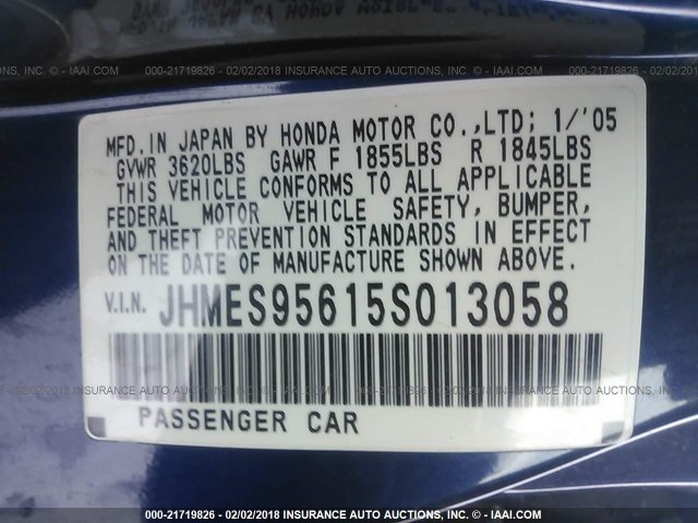 JHMES95615S013058 - 2005 HONDA CIVIC HYBRID BLUE photo 9