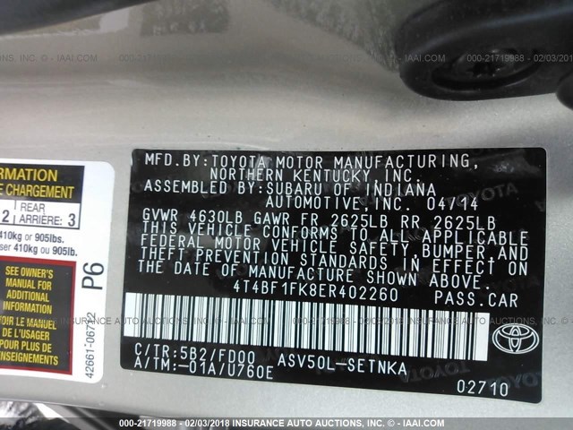 4T4BF1FK8ER402260 - 2014 TOYOTA CAMRY L/SE/LE/XLE Gümüş foto 9