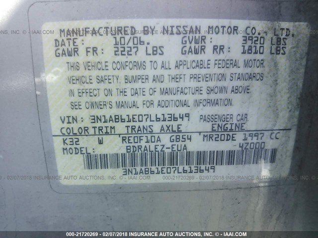 3N1AB61E07L613649 - 2007 NISSAN SENTRA 2.0/2.0S/2.0SL BEIGE photo 9