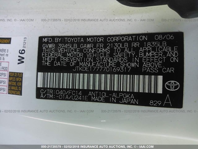 JTKDE177770169317 - 2007 TOYOTA SCION TC 白色 照片 9