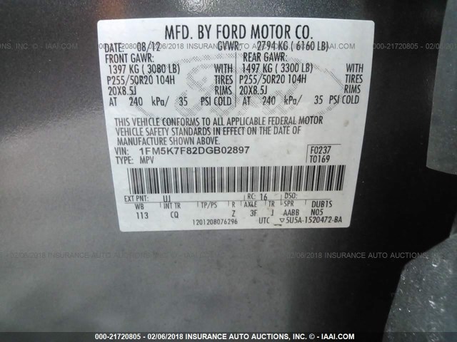 1FM5K7F82DGB02897 - 2013 FORD EXPLORER LIMITED Boz foto 9