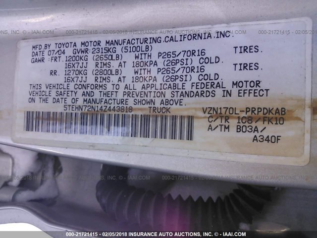 5TEHN72N14Z443818 - 2004 TOYOTA TACOMA DOUBLE CAB 银色 照片 9