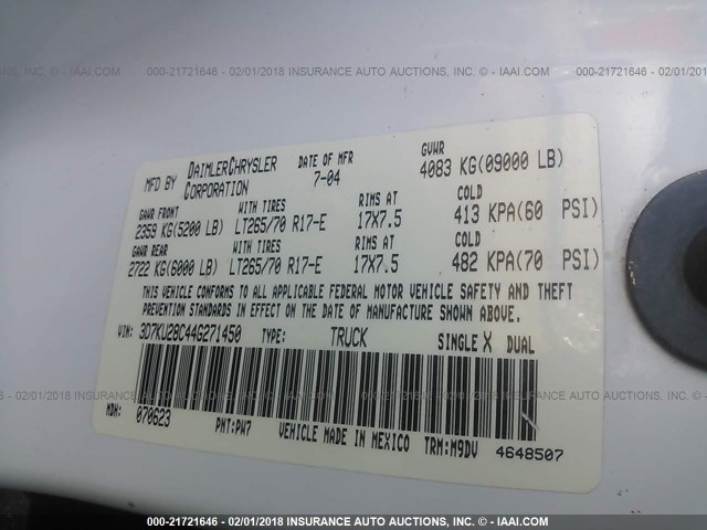 3D7KU28C44G271450 - 2004 DODGE RAM 2500 ST/SLT 白色 照片 9