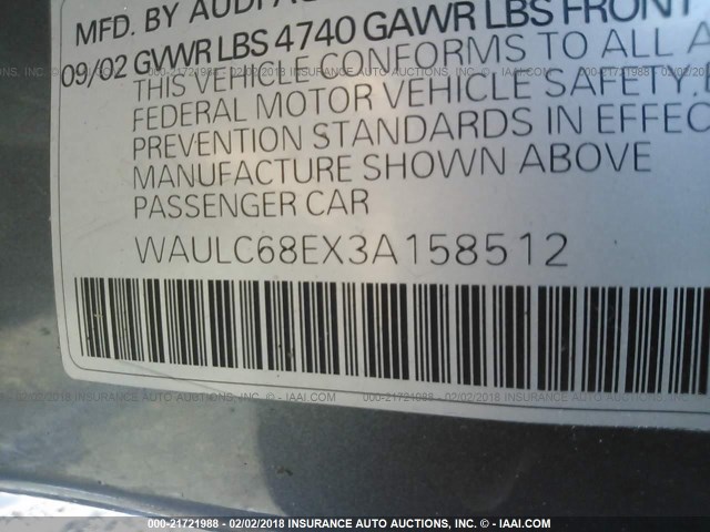 WAULC68EX3A158512 - 2003 AUDI A4 1.8T QUATTRO GRAY photo 9