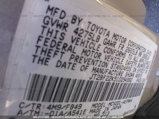 JT2BF22K510294992 - 2001 TOYOTA CAMRY CE/LE/XLE 银色 照片 9