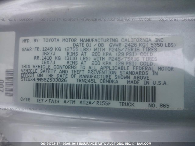 5TEUX42N58Z533826 - 2008 TOYOTA TACOMA ACCESS CAB Күміс фото 9